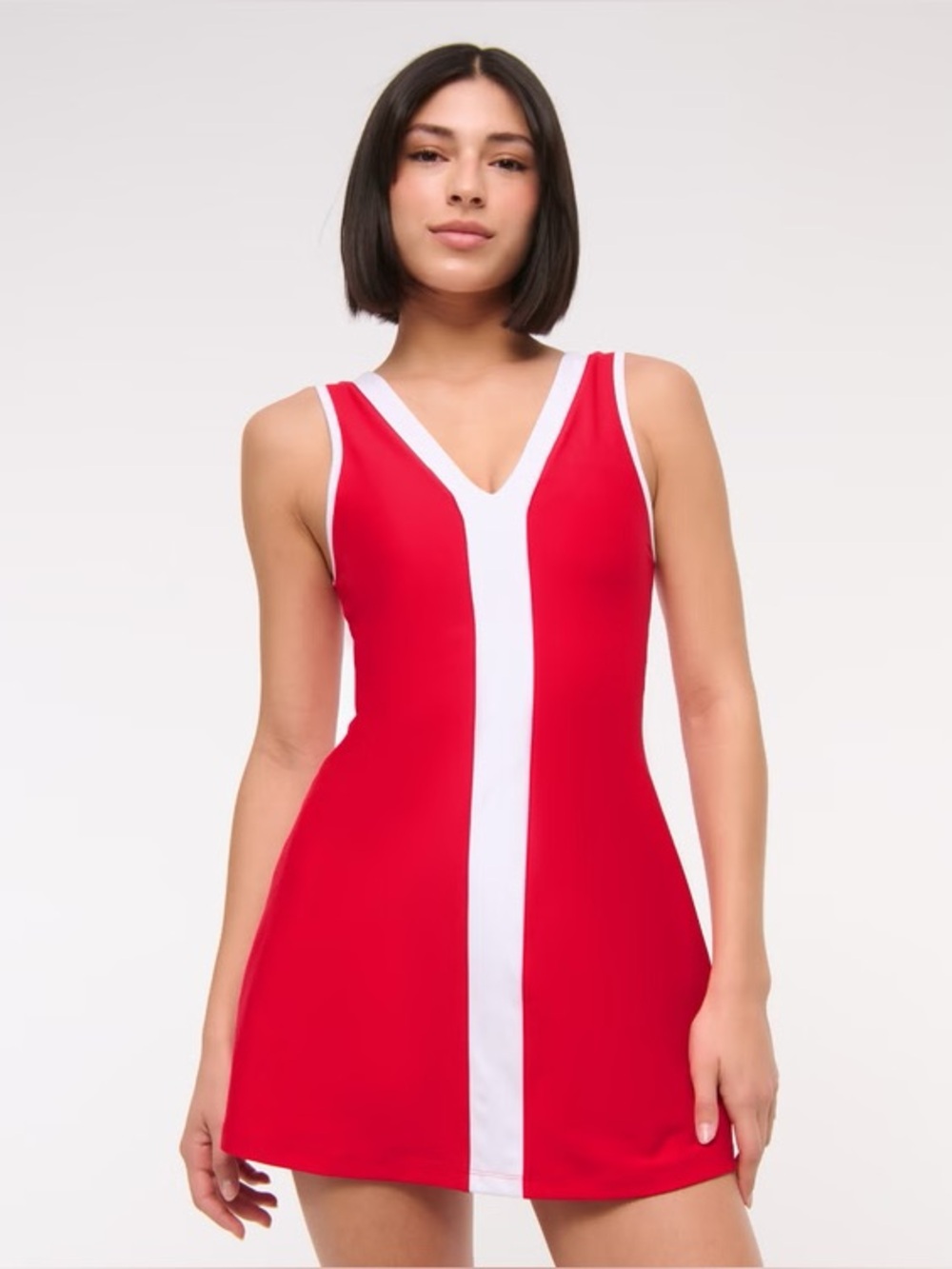 NWT Abercrombie YPB sculptLUX V-Neck Mini Active Dress Red & White | Size S
